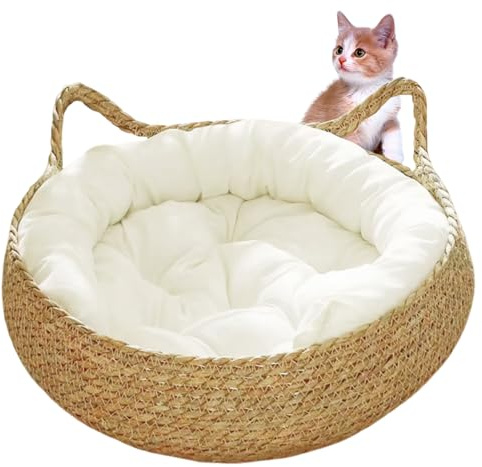 Obelunrp Panier pour chat, 38,1 cm, nid en paille tissée avec coussin doux, lit rond anti-rayures pour chat d'intérieur, lit pour chaton d'intérieur