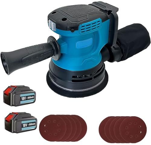 18V Akku Exzenterschleifer mit 2x 5.5AH Akku, Ersatz für Makita 18V Akku,12 pcs Schleifpapier (Körnung 120/180/240,125mm), 7500-15000RPM, für Schleifen und Polieren von Holz
