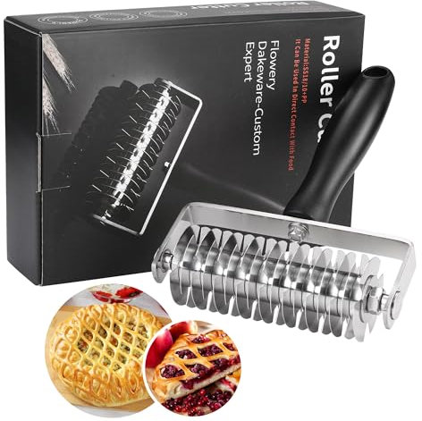 Pastry Lattice Roller Cutter - Time-Saver Dough Crust & Lattice Top Wheel for Pies, Pizzas, Bread, Cookies, Cakes, Beef Wellington, Pastry Crust, Professional Stainless Steel (Black Handle)