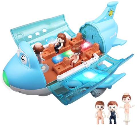 Flugzeugspielzeug für Kleinkinder, Spielzeugflugzeug für 4–8-jährige Jungen und Mädchen zum Geburtstag, Kleinkindspielzeug „Bump and Go“-Actionflugzeug mit blinkenden LED-Lichtern und Geräuschen (blau