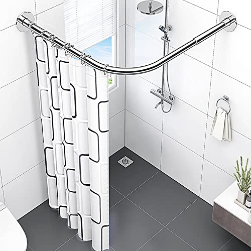 tonchean Shower Curtain Rod L Shaped Shower Curtain Rail 70-95cm Extendable Shower Curtain Pole with Curtain for Bathroom Private Space Clothing Store, Drill Free