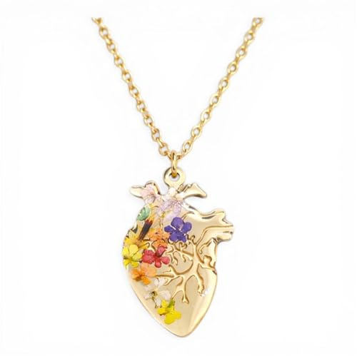 Generico BeFloral Collana Cuore Anatomico Donna in Acciaio Inossidabile Oro con Fiori Veri in Resina, Gioiello Artigianale, Idea Regalo Medico/Infermiera
