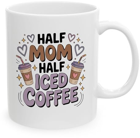 IVISION LEARNING LTD Half Mom Half Iced Coffee Drinking Cup, Funny White Ceramic Mugs, 11oz 15oz