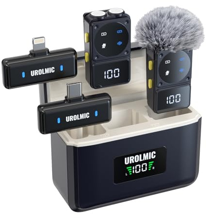 UROLMIC Wireless Lavalier Microphone with Digital Display & Charging Case, Dual Mic for Noise Reduction, 45H Battery, 164ft Range, Lightning/USB-C Receiver for iOS & Android Phones, for Vlogging