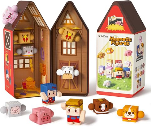 GobiDex Magnetic Farm Figures Set with Animals & People, Portable Tin Box for Role Play & STEM Education, Travel Toy Compatible with Magnet Building Blocks for Kids 3+