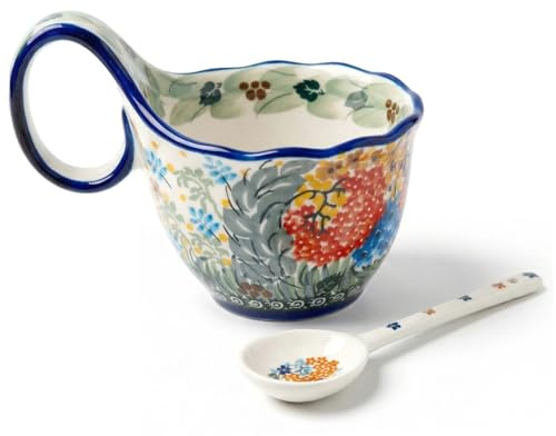 Muzrunq Tazón de sopa con asa, tazas de sopa de cerámica floral de 15 oz con cuchara, elegante tazón de cereales estilo cerámica polaca para helado, refrigerio, guiso, cocina de desayuno.-