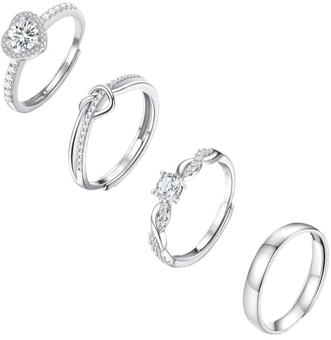 sawyofu Sterling Silver Adjustable Rings For Women 4PCS Cubic Zirconia Heart Love Ladies Engagement Wedding Thumb Statement Promise Stacking Ring Jewellery Set