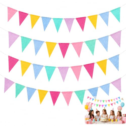 JOVYTH 4 Guirnaldas de Banderines de Tela, Guirnalda Colorida con 12 Banderines por Cadena, 6 Colores Pastel para Festival, Boda y Fiesta Infantil, Decoración Resistente para Interior y Exterior