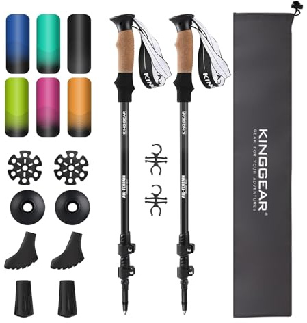 KINGGEAR Nordic Walking Stick, TP1 Hiking Poles Retractable Lightweight 7075 Aluminum, Trekking Poles with Flip Lock, Natural Cork and EVA Grip, 2pc Hiking Gear