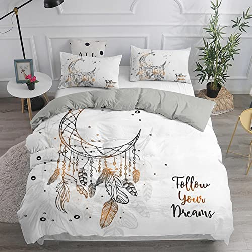 Meimall Juego De Ropa De Cama Luna Blanco Plumas Arte 240X220 Cm Infantil con Funda De Edredón Y Funda De Almohada, Juego De Ropa De Cama para Niña (1 Funda Nórdica + 2 Fundas De Almohada)