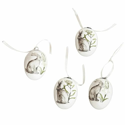 Loberon Osterei 4er Set Finna, charmanter Nostalgie-Look, handbemalt, Hasen-Print, mit Aufhängung, Dekoration, Ostern, Osterdeko, Ostereier, Polyresin, Polyester, weiß/grau