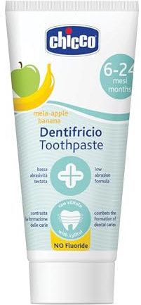 Chicco Zahnpasta für Kinder, Geschmack Apfel und Banane, Zahnpasta für Kinder, sanft zu Kinderzähnen, geringe Abrasivität, ohne Fluor, wirkt der Bildung von Karie, 50 ml, 6-24 Monate