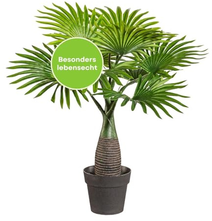 CREATIV green künstliche Mini-Fächer-Palme 45cm I Künstliche Palme mit 9 naturgetreuen Wedeln & realitätsnaher Erde I hochwertige Palme künstlich mit Kunststoff-Topf ideal als Indoor Deko