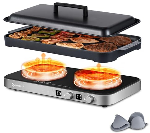 AMZCHEF Double Induction Cooktop with Removable Griddle Pan Non-stick, 1800W 2 burner Portable Induction Stove With Sensor Touch 9 Power Levels, 99 Min Timer, Iron Grey