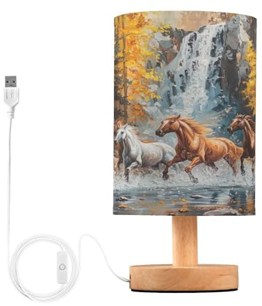SKYSHU Lampada da comodino a forma di cavallo, piccola lampada da scrivania a LED con USB con base in legno antiscivolo e paralume per soggiorno, camera da letto, dormitorio, casa, ufficio,