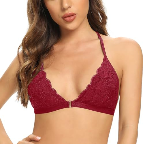 SHEKINI Womens Lace Bras Front Fastening Wireless Triangle Bralette Front Hook Closure Brassiere Removable Padded Adjustable Bra Halter Breathable Sexy Underwear Ladies Lingerie, Wine Red, M