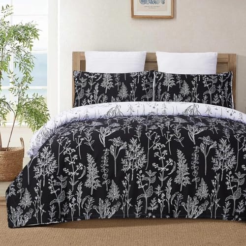 YEPINS Soft Bedding Duvet Cover Set with Zipper Closure and Corner Ties, Reversible Design Floral Branch Printed Pattern, Black and White Colour- Brushed Microfiber King Size(230X220CM)
