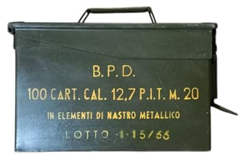 Cassetta Porta Munizioni 100 Colpi, Militaria - Scatola Metallo a Tenuta Stagna 14x19x30 CM per Cartucce da Caccia in Stile Militare, Accessori Tattici da combattimento - Baule in Ferro Anni 60-70