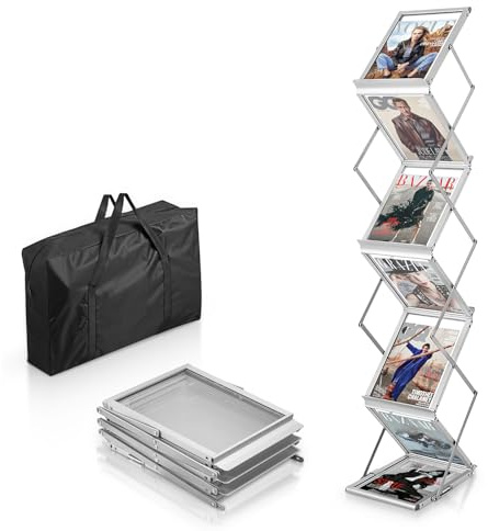 SUNDOY Foldable Aluminum Brochure Stand with 6 Pockets – Portable Magazine Rack with Carrying Bag for Trade Shows, Exhibitions, Office & Retail Display
