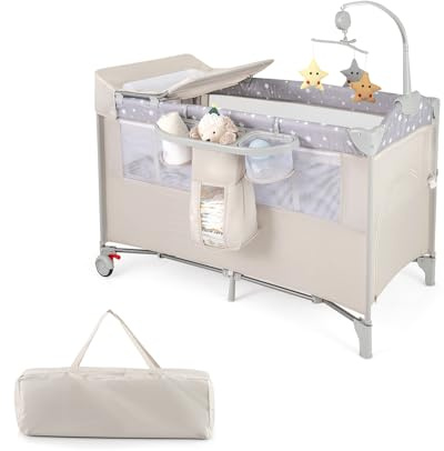 FANTASK 5 in 1 Faltbares Babybett, Beistellbett Baby mit Rollen, Spielbogen & Wickelauflage, Reisebett mit Matratze und Tragetasche, Mobiles Kinderreisebett für Baby bis 3 Jahren (Beige)