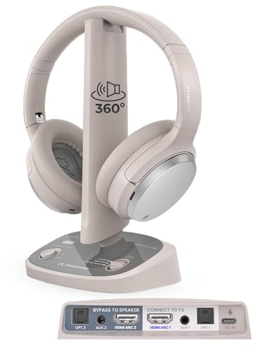 Avantree Crescendo 3D – 3D Surround Sound Funkkopfhörer Kabellos TV Fernseher, Cinema Modus, Transmitter-Ladestation mit HDMI ARC Passthrough für Soundbar, 60 Std. Laufzeit, Austauschbarer Akku