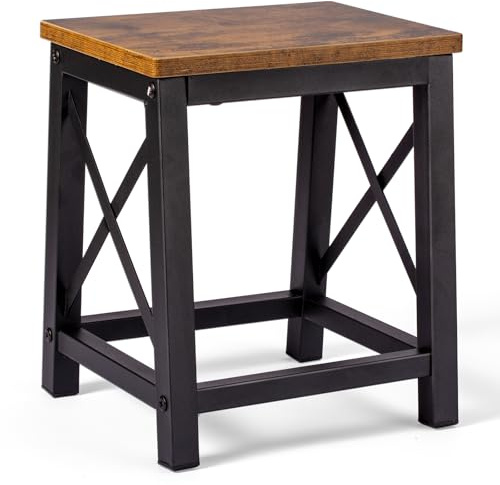 HDANI Tritthocker aus Holz für Erwachsene Kinder,Strapazierfähige Trittleiter mit rutschfesten Füßen,Tragfähigkeit bis zu 220KG,Metallrahmen Fußhocker für Bett,Bad,Küche,Wohnmobil,Retro Braun-Schwarz