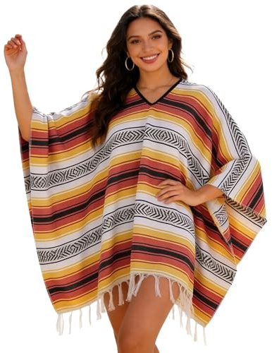 Costume mexicain pour homme et femme - Vêtement mexicain rayé multicolore avec franges - Cape traditionnelle mexicaine - Serapes - Poncho de cowboy - Veste hippie pour Halloween - Jeu de rôle - Poncho