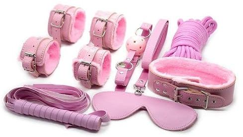 BONDAGERIE® Kit 8 Accessori nero con coppia manette e cavigliere, frusta, corda, collare, in ecopelle, sacco in raso incluso Colore: Rosso | Versione: Starter