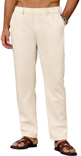 COOFANDY Mens Trousers Lightweight Summer Trouser Casual Linen Trouser Elastic Waist Beach Trousers Summer Pants Linen Pants Beige XL