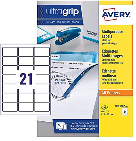 Avery Multipurpose Labels, Customisable, 63.5 x 38.1 mm, White, 21 per Sheet, 840 Blank Labels per Pack, 40 Sheets Blank Printer Label Sheet. (MP7160-40)