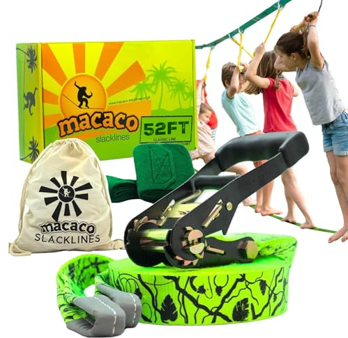 52ft Slackline Kit for Kids and Adults | Beginner Friendly Slackline | Slack Line Set with Tree Protectors, Cotton Carry Bag & Steel Ratchet | Outdoor Gym for Kids