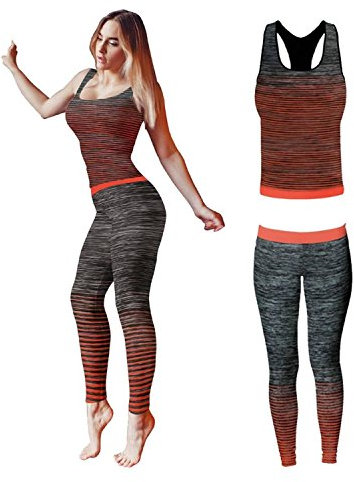 FM London womens Crop Top and Leggings Stretch-Fit Gym Wear Set, Orange, One Size (Manufacturer Size: 8-14)