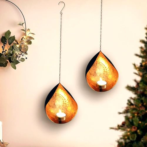 TIED RIBBONS 2 Set Wall Hanging Tea Light Candle Holders | Iron, Golden | 18 Inch | Votive Sconce Candle Holder for Home, Living Room, Home Decorations | Tealight Holder for Wall Hanging
