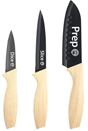MasterChef Coltelli da Cucina, Set Coltello Chef per Carne & Verdure, Lama Affilato, Acciaio Inox, Prova di Calore, Manici in Legno, Lavabile in Lavastoviglie, Professionali, 3 Pezzi Piccolo