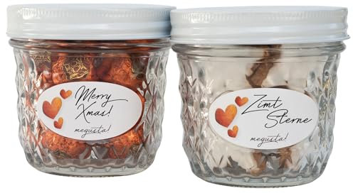 megusta!® 2 Einmachgläser 280 ml | Glas Diamantmuster | Deckel weiß | als Marmeladengläser | für Dessert + Pesto | Einfrieren + Backen | für Geschenke | + 12 Label