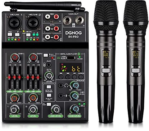 Professional Audio Mixer, 4 Channel Sound Mixer With Dual Wireless Mic, Sound Board Console MP3 Bluetooth 48V Phantom Power USB Interface DJ Mixing for Home Karaoke Party Computer Studio Recording