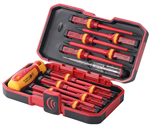 Gueenky 13 Piezas Destornilladores Electricista, 1000 V magnéticos Destornillador Aislado Destornilladores Cruz Phillips Torx Planos, Intercambiable Atornillador con Mango