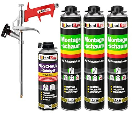 Isolbau Bauschaum-Set - Inkl. 3 x 1K Montageschaum B2 Pistolenschaum mit hervorragender Schall und Wärmedämmung (je 750 ml), 1 x PU-Schaum-Reiniger (500 ml) & 1 x Schaumpistole, Abdichten