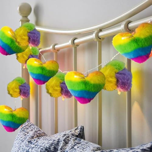 Herzbommel Lichterketten,Batteriebetrieben 10 Makkaronfarbe Herzförmig Pom Poms mit LEDs in Warmweiß, mit TIMER-Funktion (Regenbogen)