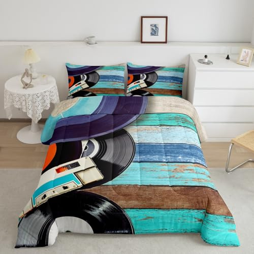 Homewish Vintage Musical Comforter Set Twin Size,Audio Cassette Music Art Style Bedding Set for Kids Boys Men,80s Rustic Tape Record Print Quilted Duvet Set with 1 Pillowcase