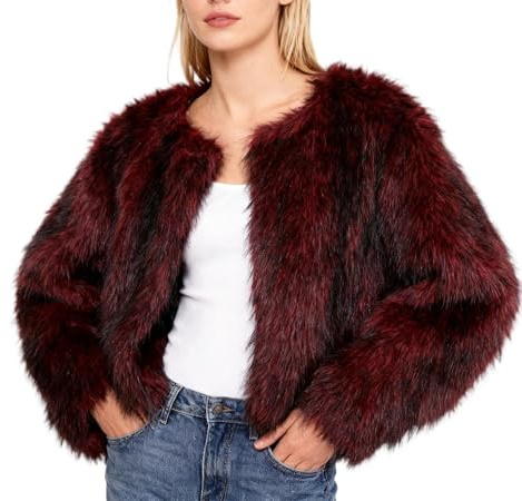 Amazhiyu Women Faux Fur Coat with Pocket, Winter Crewnec Open Front Jacket Red M