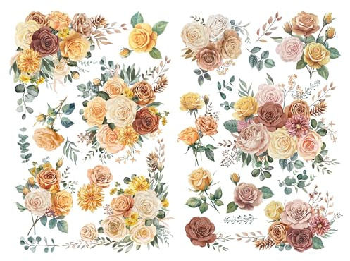 Adesivi di Trasferimento per Mobili, 2 Fogli 43x30cm Grande Rose Champagne Design, Adesivi Artigianali per Legno Vetro Tela Porcellana Ceramica Plastica Decorazione Fai da Te, Rose Giallo Caldo Fiori