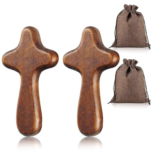 HUSOUE Wooden Cross, 2PCS Mini Olive Wood Holding Cross Comfort Hand Held Crosses Pine Crucifix with Portable Pocket for Kids Adults Religious Christian Prayer Meditation (Brown)