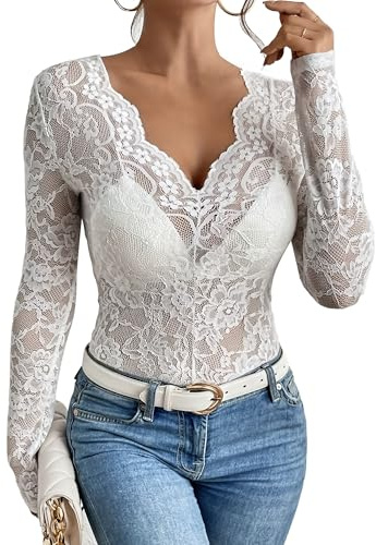 Adigau Haut en Dentelle Sexy pour Femmes Blouse élégante décolletée en V à Manches Longues Top Transparent à Motif Floral Chemisier Slim fit Tenue de Fête