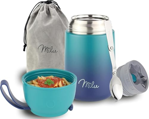 Milu® Thermobehälter für Essen 650ml, Edelstahl, Thermo Lunchbox, Suppenbehälter to go, Thermobox, Thermodose zum Warmhalten Suppen, Babybrei, Speisebehälter, breiwärmer unterwegs, Grün Blau 650ml