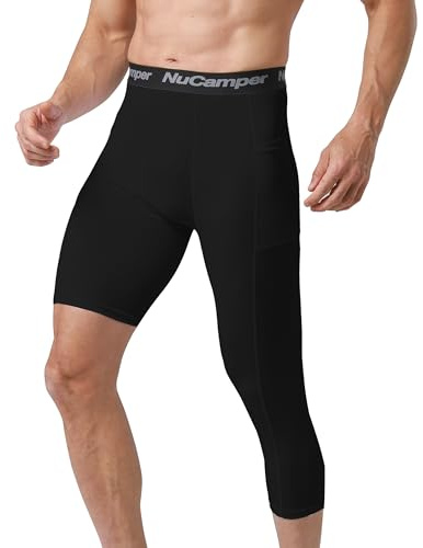 NuCamper Men's Compression Single Legging Tights with Pockets- 1/2 one Leg Single Running Leggings Quick-Dry Breathable Base Layer Sports Pants for Basketball Gym Cycling Fitness