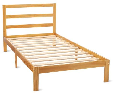 Amazon Basics Single Bed Frame with Headboard, Solid Pine Wood with Bed Slats, 90 x 190 cm, Single, Oak Finish
