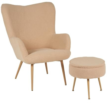 IlGruppone Poltrona Imbottita Ergonomica con Schienale E Braccioli con Poggiapiedi Contenitore Camera da Letto Salotto Moderna Pouf Sedia Effetto Teddy Morbida - Biscotto