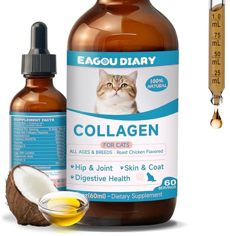 Eagou Diary Kollagen för katter - höft- och ledtillskott, hud- och pälshälsa, med MSM, glukosamin, kokosnötolja, E-vitamin, matsmältnings- och immunstöd, 60 ml
