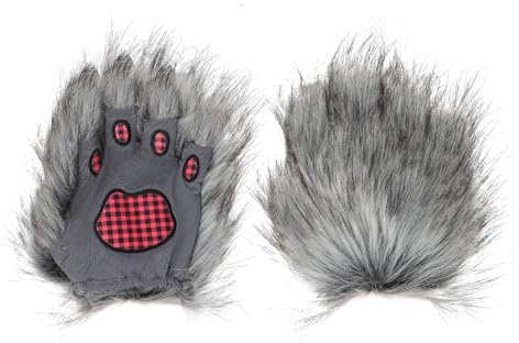 TINAYAUE Furry Paw Gloves Wolf Ears Hat Grey Werewolf Costume for Adult Kids Cute Halloween Animal Cosplay Accessories Plush Warm Hat Fingerless Wolf Claws Gloves (Grey Wolf Paw Gloves, One Size)
